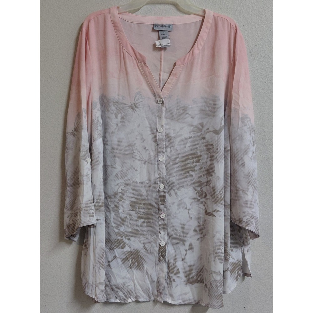 Catherines Women's 1X 18/20W Pink Gray Floral Butterfly Button Front Tunic Top
